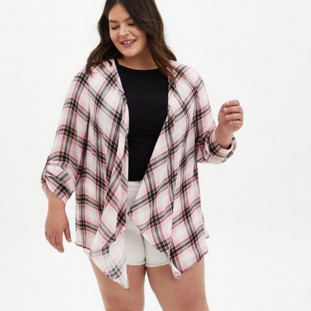 Torrid Size 1 Pink Plaid Gauze Roll Tab Sleeve 3rd Piece Kimono NWT